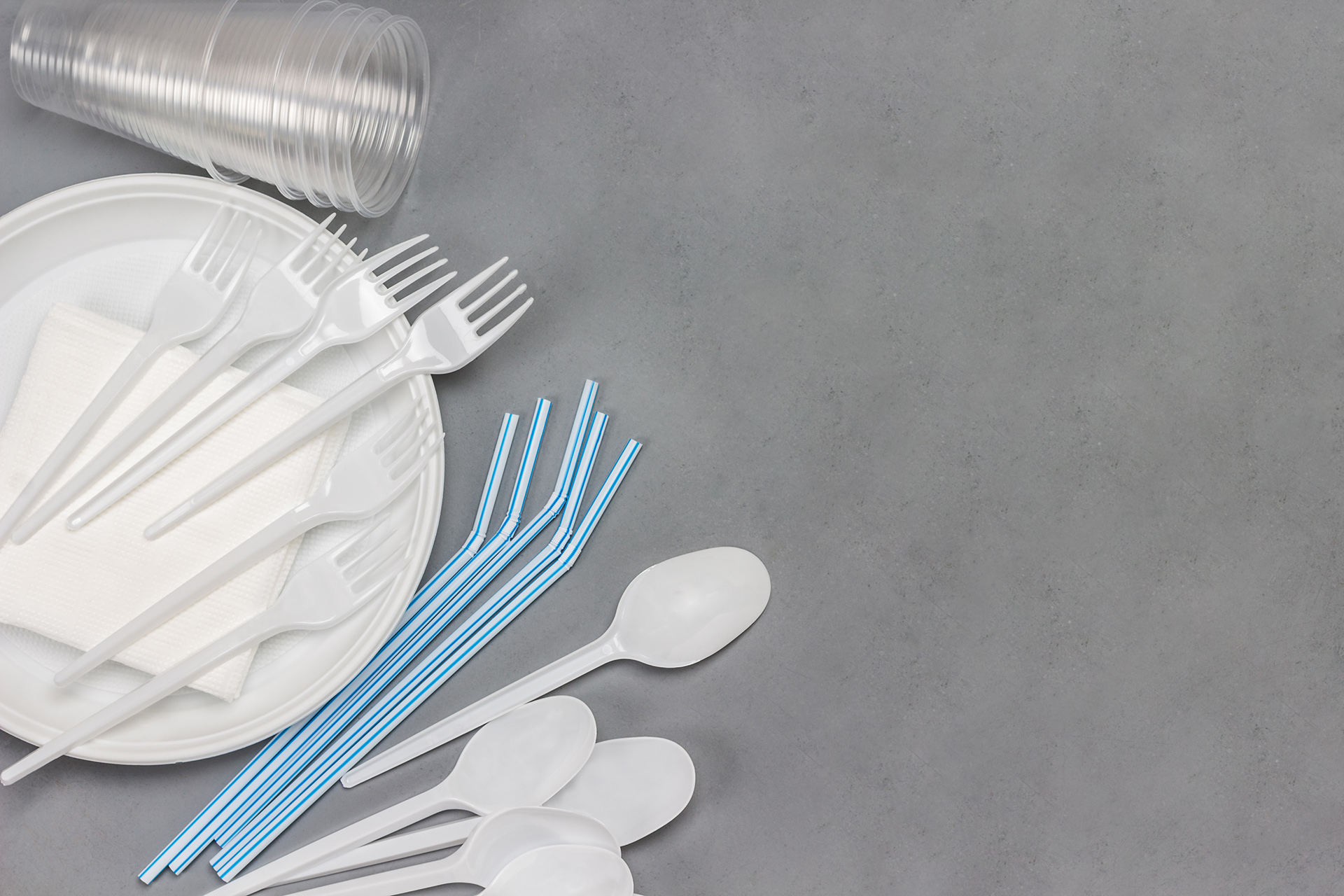 Disposable white plastic tableware. Plate, spoons, forks, straws for drinks.